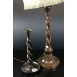 Oak Barley Twist Candlestick together with Wooden Twisted Stem Table Lamp plus a Firescreen