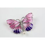 A silver Plique a jour butterfly brooch set with pearl drop