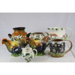 Gouda Twin Handled Vase, Two Rooster Teapots, Two J & S Baughan Jugs and Two Other Studio Pottery