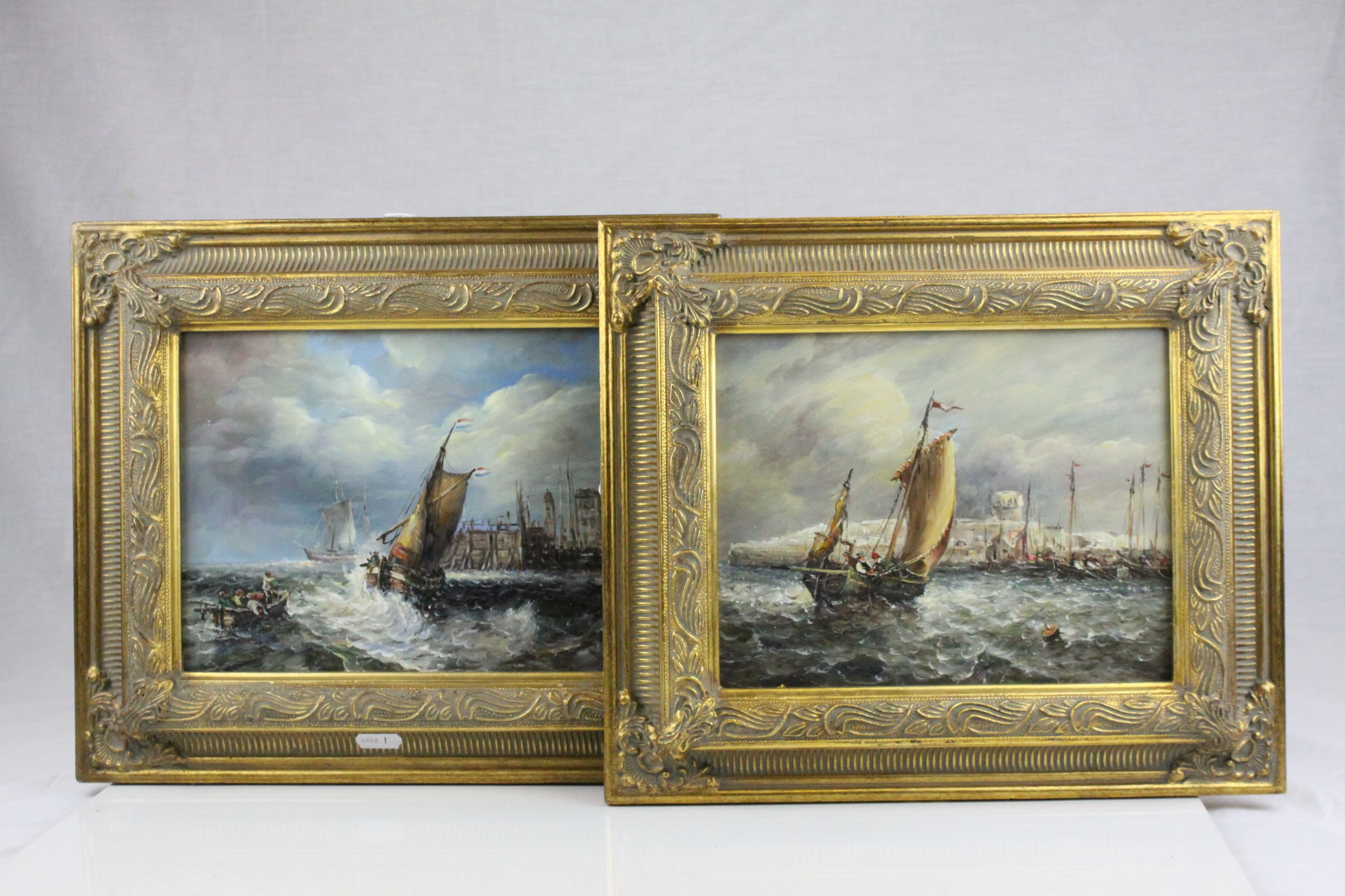 Pair of Oil Paintings on Canvas, Seascapes of Continental Boats on Choppy Waters, 19cms x 24cms,