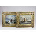 Pair of Oil Paintings on Canvas, Seascapes of Continental Boats on Choppy Waters, 19cms x 24cms,