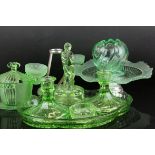 Mid 20th century Pressed Glass including Uranium Glass Candlestick and Candleholders, Flower Frog in