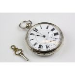 A Silver cased open faced pocket watch complete with key.
