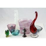 Collection of Glassware including Large Pink Swirl Vase, Iridescent Vase, Two Murano Glass Birds,