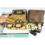 A collection of vintage gaming to include cards, poker dice, bone dominoes, whist markers and