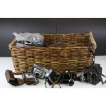 Wicker Basket with Various Vintage Cameras and Lenses and Accessories - Praktica, Ilford, Altiflex