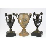 Pair of Victorian Bronze Urns on Slate Plinth Bases, h.30cms together with Late 19th century Metal