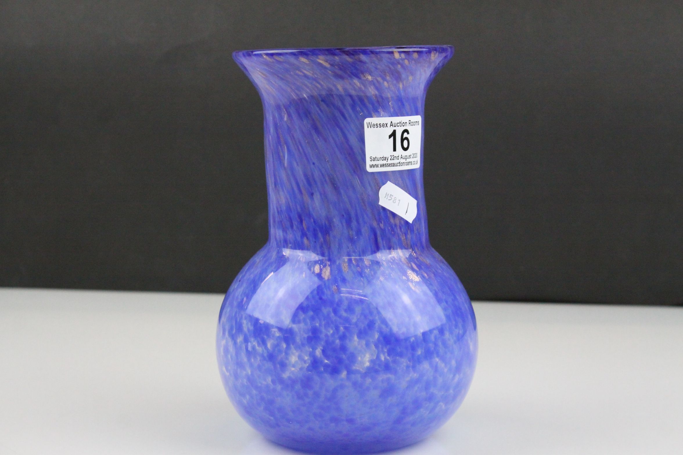 Monart ? Blue and Gold Speckled Glass Vase, h.19cms