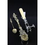 Victorian Silver Plated Ham Bone Holder with Ivory Handle together with a Brass Hindu Spoon plus