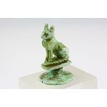 Egyptian Style Green Glazed Pottery Stamp Seal with Cat Finial, h.5cms