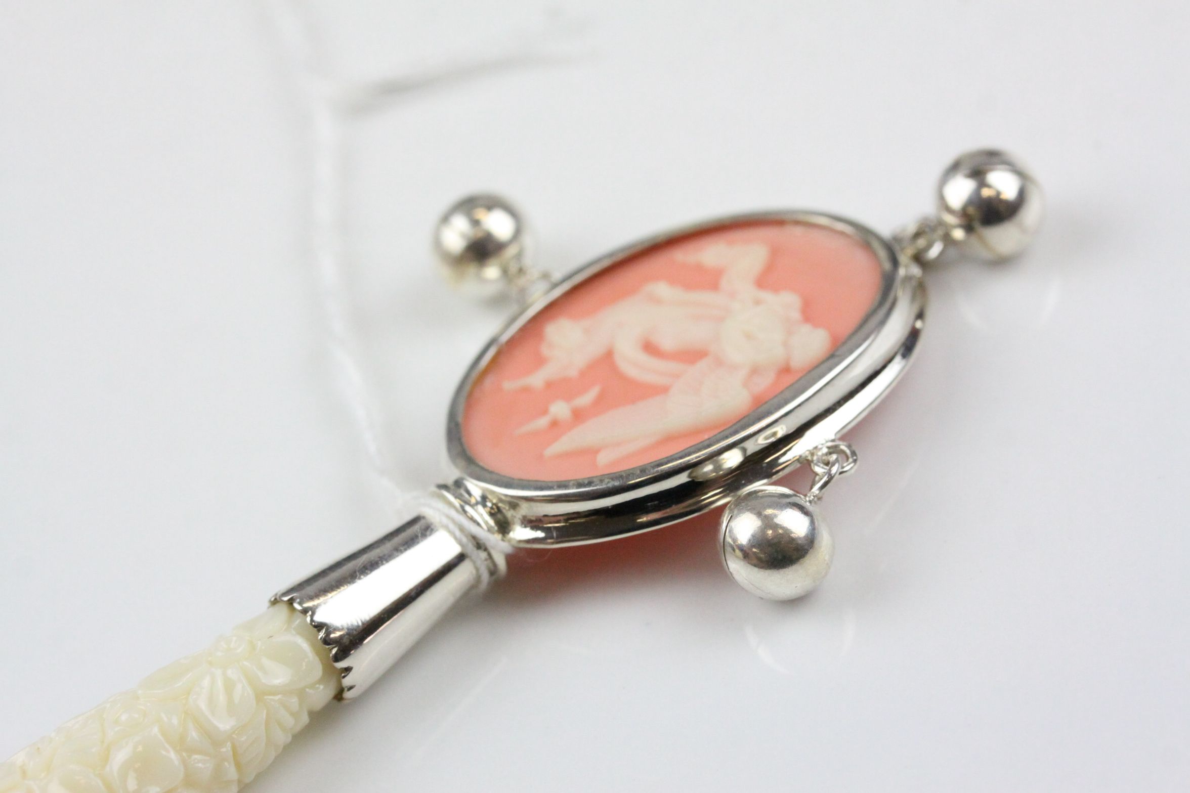 A silver babies rattle in the Wedgewood style set with bone handle - Image 2 of 3