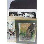 Group of pictures and prints to include an unframed Picasso print on fabric.