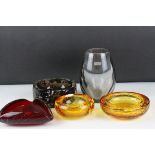 Four items of Whitefriars glass to include smokey grey vase to bubble bowls a ruby ashtray and a