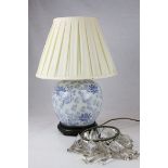 Blue and White Ceramic Table Lamp with Shade together with a Crystal Drop Light Fitting