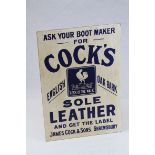 Early 20th century Shop Display Advertising Sign mounted on Wood ' Ask your Boot Maker for Cock'