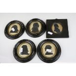 Five Silhouettes of Georgians, four contained in Ebonised Oval Frames and marked to verso G