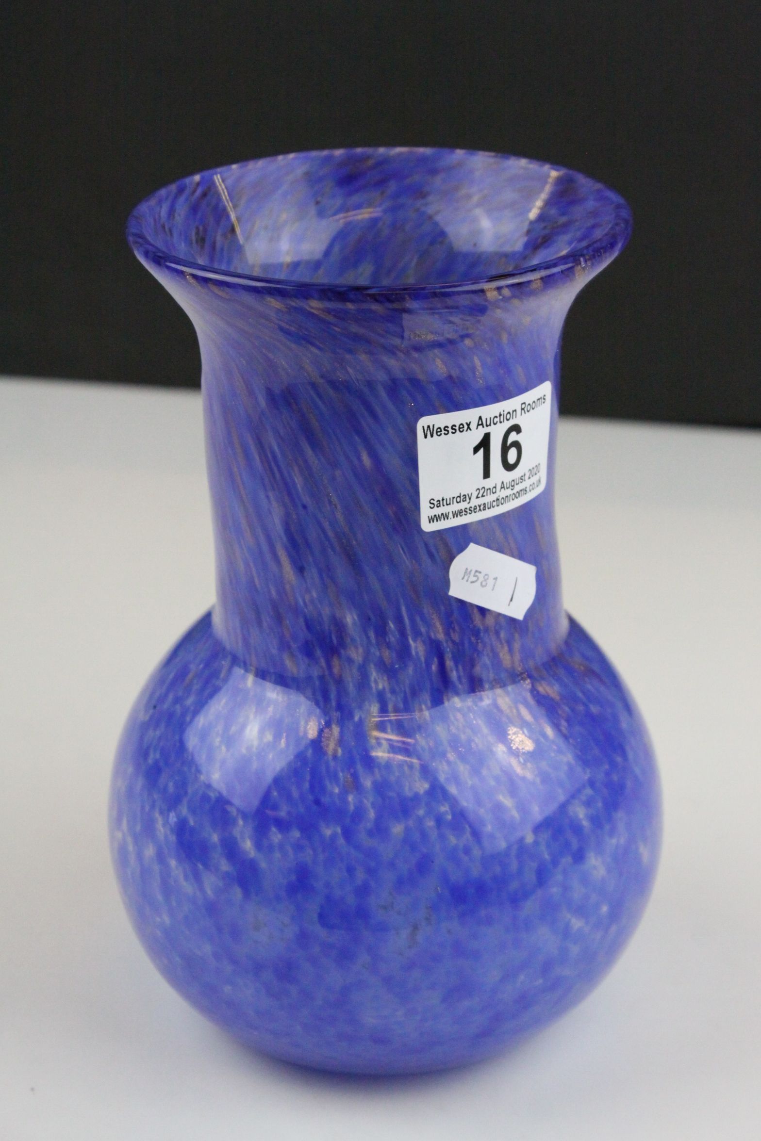 Monart ? Blue and Gold Speckled Glass Vase, h.19cms - Image 2 of 5