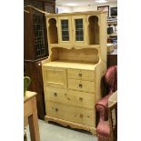 Late 19th century Arts and Crafts Pine Dresser, the upper section with two leaded glazed doors