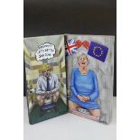 Two Contemporary Box Framed Oil Paintings on Canvas depicting Boris Johnson and Theresa May on the