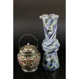 Large Murano Mottled Glass Vase, h.37cm together with Japanese Satsuma Style Ceramic Biscuit Barrell