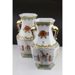 Pair of 20th century Chinese Famille Rose Ceramic Vases with Elephant Mask Handles and decorated