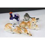 Four Russian Lomonosov Porcelain Animals including Deer, Lion Cub, Poodle and Chicken