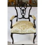 Late Victorian Salon Armchair with Ornately Carved Back Rail and Splat, Padded Arms and Seat