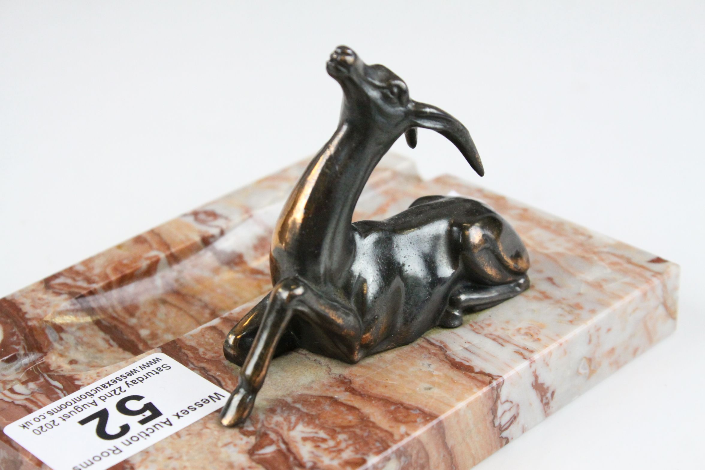 Art Deco Marble Pen Tray surmounted by a Metal Deer, L.14cms - Image 3 of 4