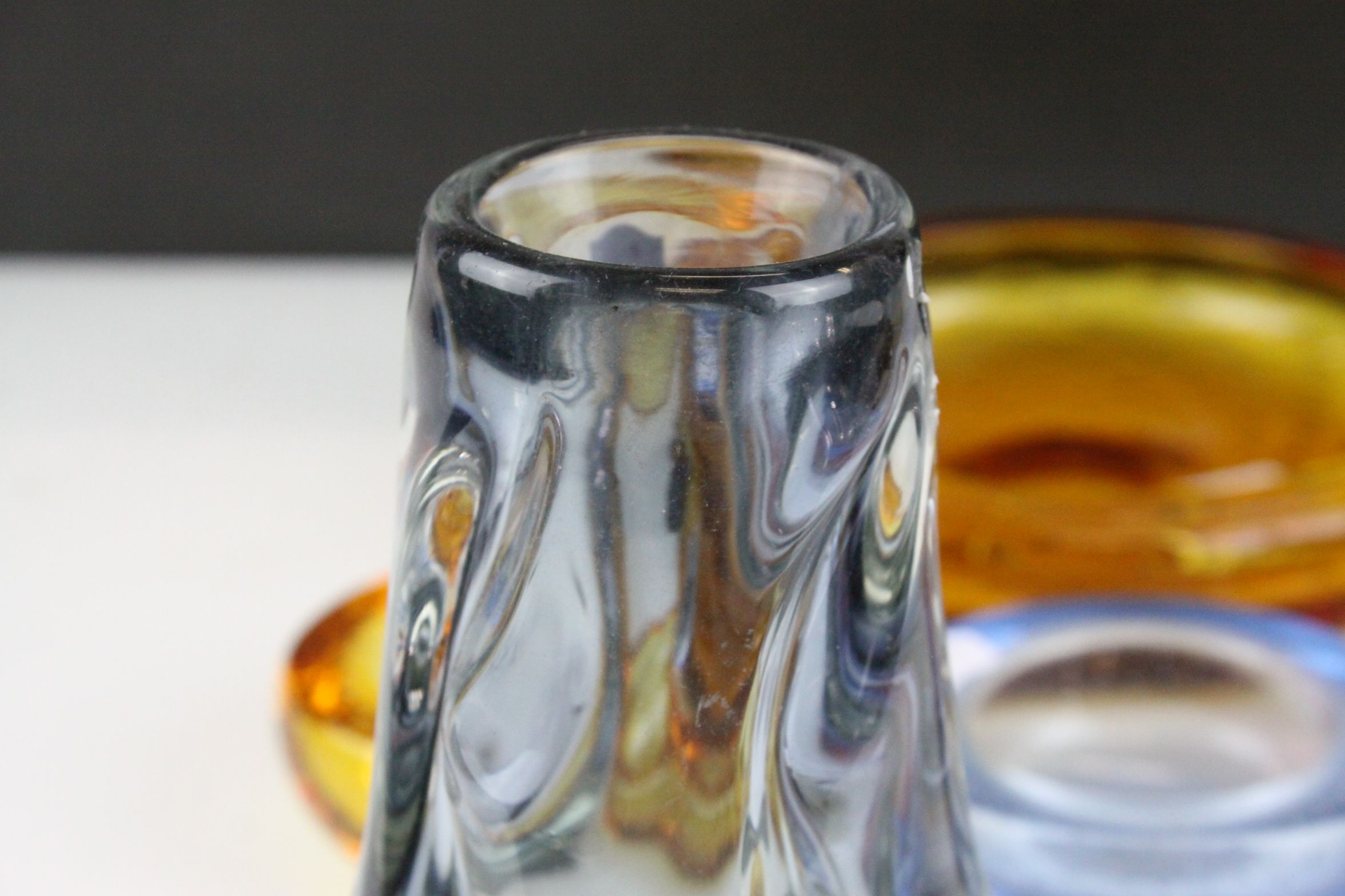 Five items of Whitefriars Glass including Blue Knobbly Vase (h.18cm), Three Control Bubble Dishes - Image 3 of 5