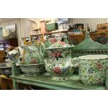A green chintz pattern Copeland Spode jug and bowl, one other similar, a chintz lidded urn