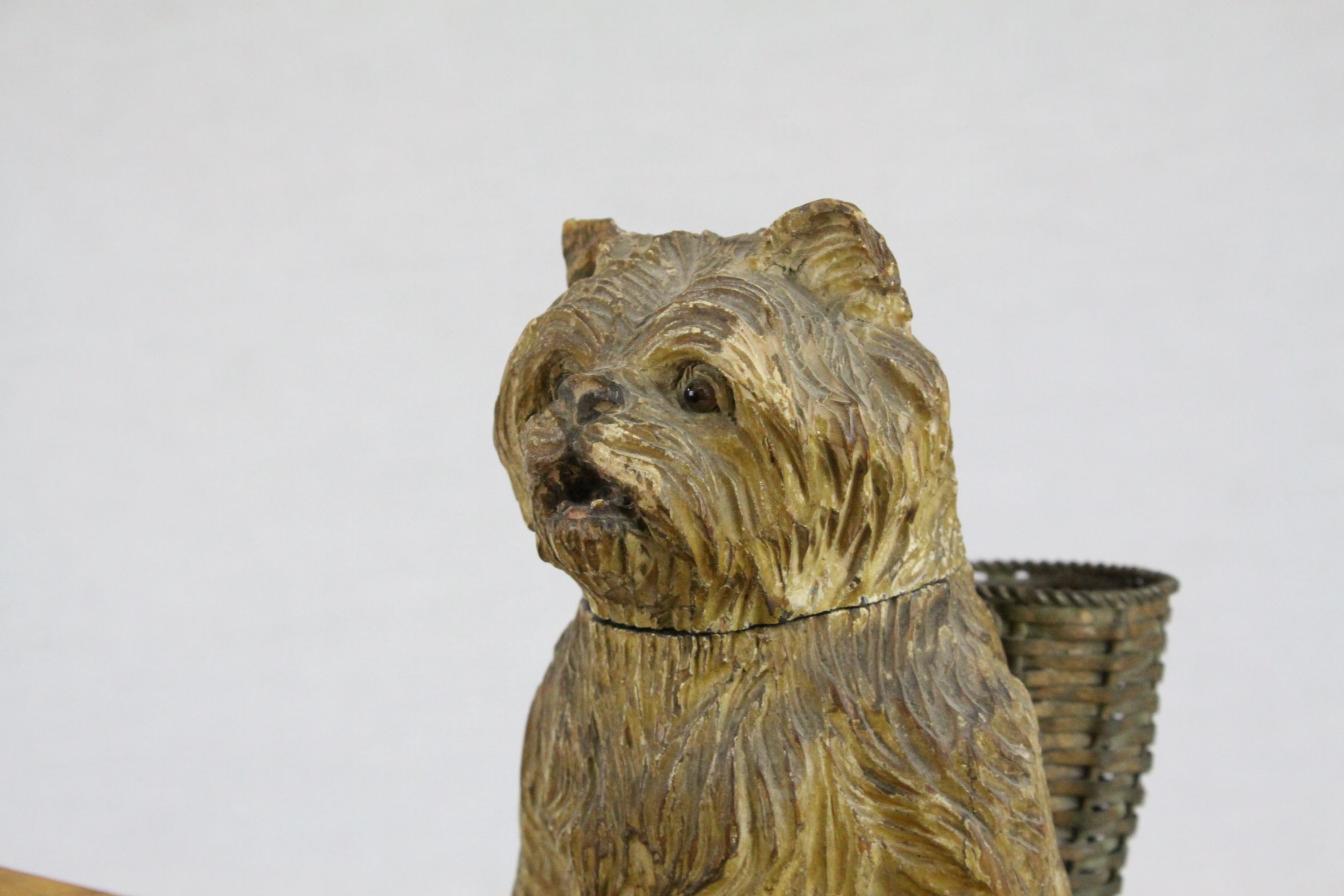 Black Forest Carved Wooden Tobacco or Match Holder in the form of a Dog with a Basket on his back - Image 4 of 10