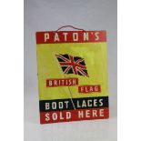 Early 20th century Shop Display Advertising Sign mounted on Wood ' ' Paton's Boot Laces ', 36cms x