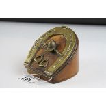 A Desktop etui sewing box in the form of a horseshoe with brass horseshoe and jockey cap to the