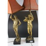 Pair of Gilt Spelter Table Lamps in the form of 15th / 16th century Men holding a Flaming Torch, h.