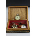 Indian Inlaid Box with Three Pocket Watches and Three Ladies Wristwatches