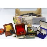 Box of mixed collectables to include gold earrings, gents calendar watch etc
