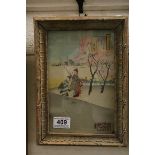 A gilt framed signed antique Japanese woodblock of Geishas strolling beside bloom trees 23 x 15cm