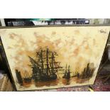 Reynolds - Large Mid 20th century Retro Oil Painting on Canvas of Sailing Ships at Quayside,