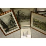 Four framed prints including hunting and cityscapes.