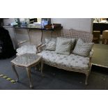 French Style Suite comprising a Two Seater Settee, Armchair and Side Table - Limed Wood Frames,