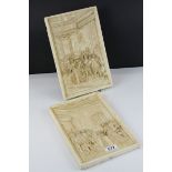 Pair of Plaster Plaques, the relief decoration depicting Elizabethan Court Scenes, 30cms x 19cms