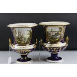 A matched pair of Derby porcelain campana twin-handled urns, depicting scenes on the River Rhone &