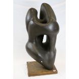Henry Moore Style Fibreglass Abstract Sculpture of Lovers on Wooden Plinth, h.109cms