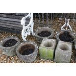 Four Reconstituted Garden Planters, d.36cms h.24cms together with Two Reconstituted Garden Stands