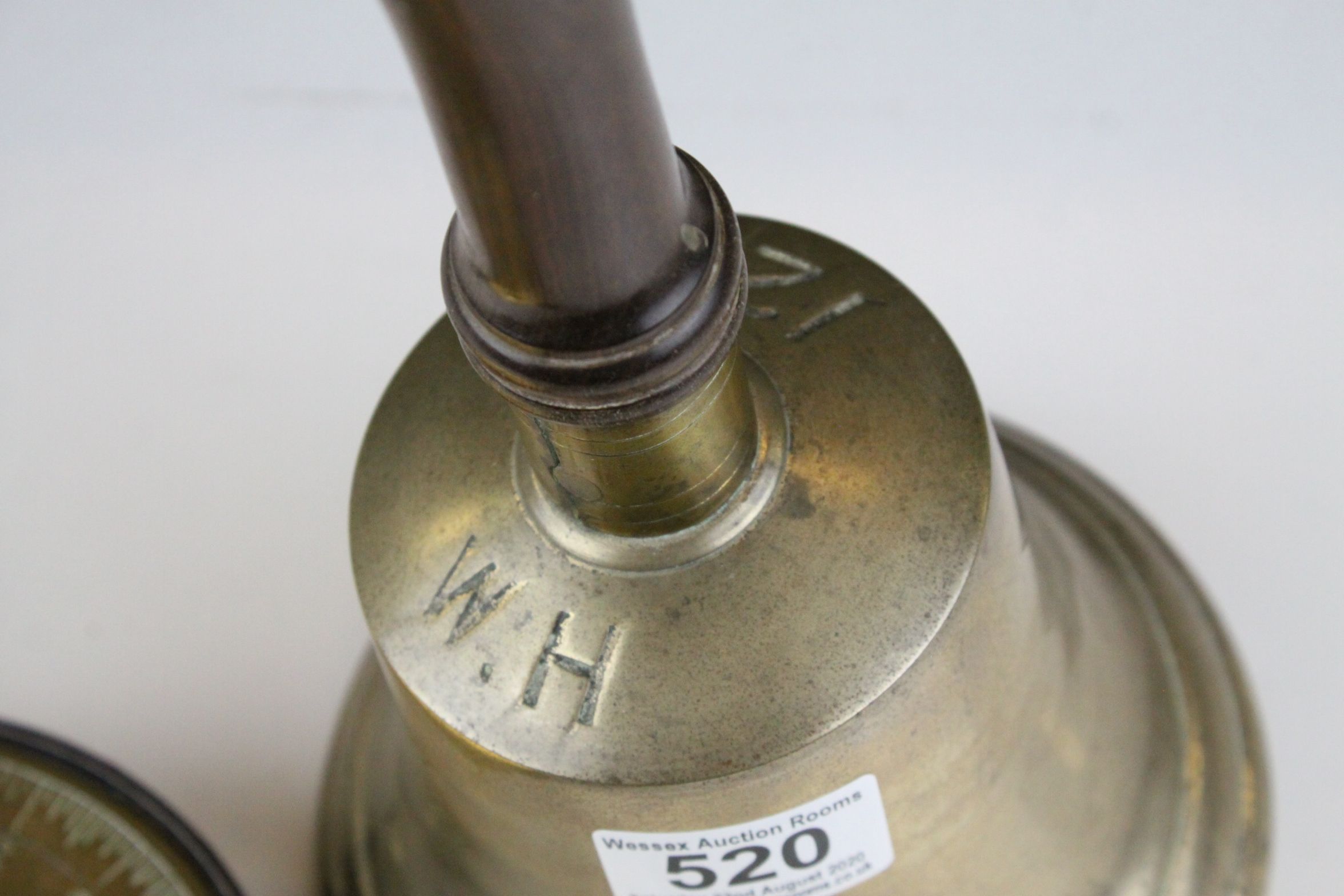 a large brass antique hand bell marked 12 W. H with wooden handle and a 200 lb Salters spring - Image 3 of 5