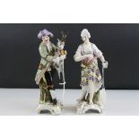 A pair of Continental porcelain figures of a goatherd and a maiden, damaged, sceptre mark H 24cm