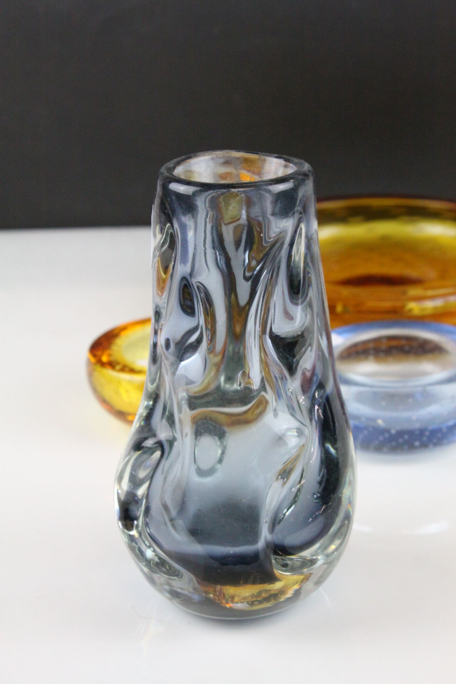 Five items of Whitefriars Glass including Blue Knobbly Vase (h.18cm), Three Control Bubble Dishes - Image 2 of 5