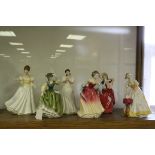 Six Royal Doulton Figurines including Buttercup, Kathleen, Amy's Sister, Maria, Autumn Breezes and