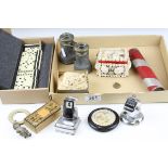 A tray of mixed collectables to include dominoes, opera glasses, stamp box and teething ring.