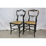 Pair of Victorian Black Lacquered Side Chairs decorated with mother of pearl and gilt highlights,